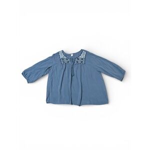 Old Navy Womens XXL Blue Embroidered Peasant Blouse Tassel Tie 3/4 Sleeve Top